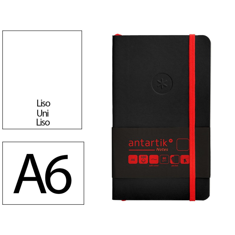 Cuaderno con gomilla antartik notes tapa blanda a6 hojas lisas negro y rojo 100 hojas 80 gr fsc