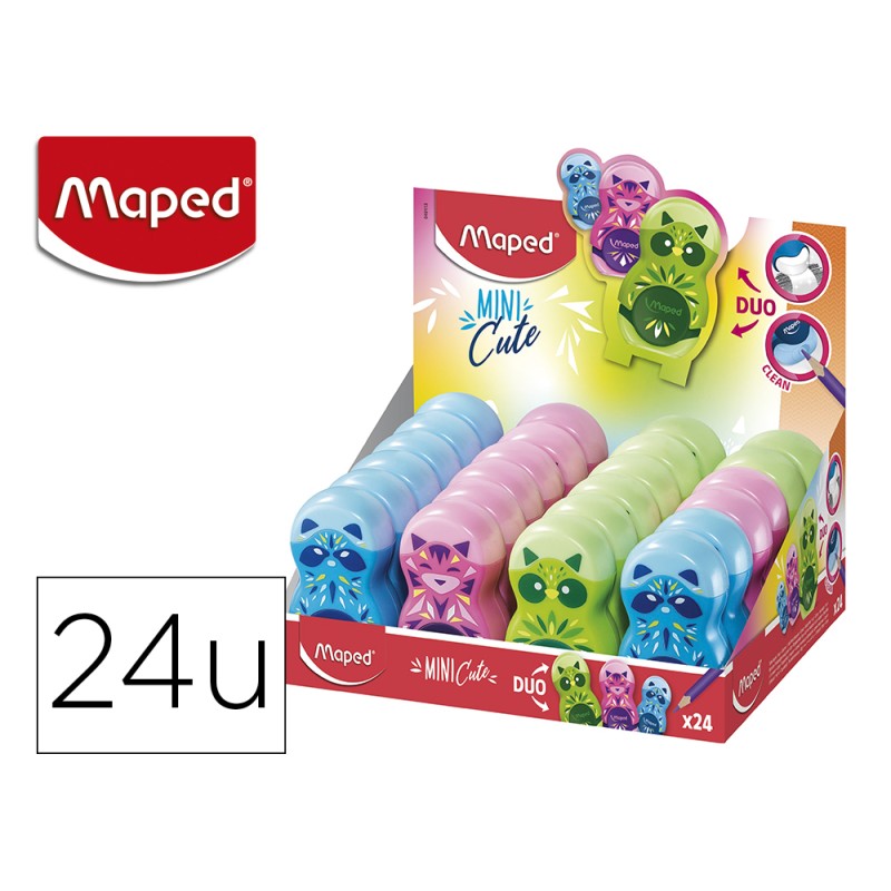 24 Unidades - Sacapuntas plastico maped 1 uso con goma de borrar loopy mini cute