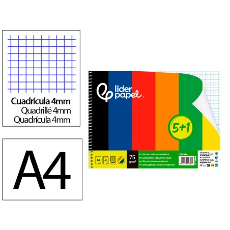 Cuaderno espiral liderpapel a4 smart tapa blanda 80h 75gr cuadro 4 mm con margen pack 5+1 colores surtidos