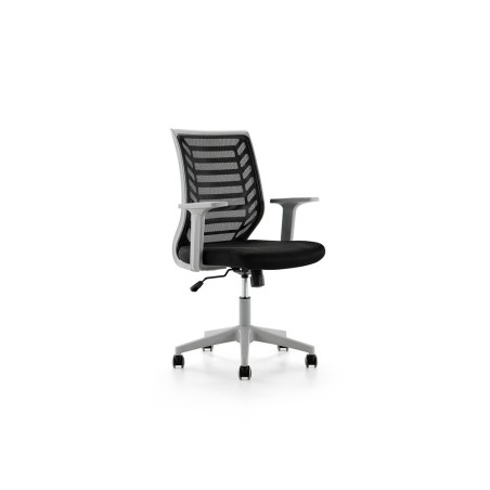 Silla rocada de oficina brazos regulables estructura gris respaldo malla y asiento tela ignifuga negro