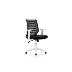 Silla rocada de oficina brazos regulables estructura blanca respaldo malla y asiento tela ignifuga negro
