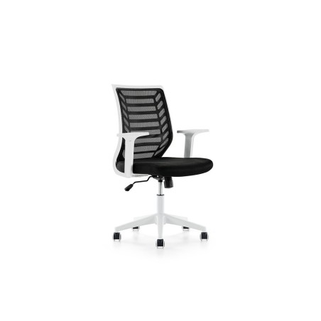 Silla rocada de oficina brazos regulables estructura blanca respaldo malla y asiento tela ignifuga negro