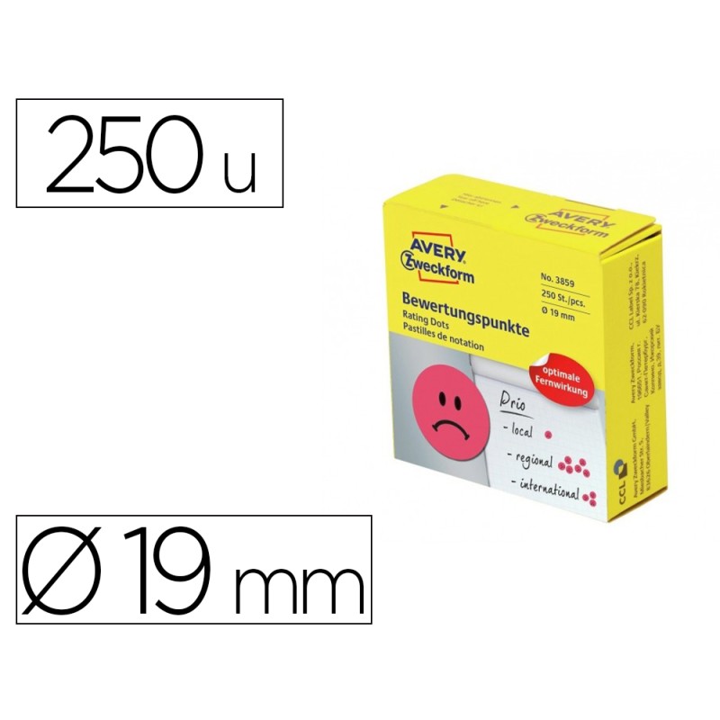 Etiqueta adhesiva avery smile rojo triste 19 mm rollo de 250 unidades