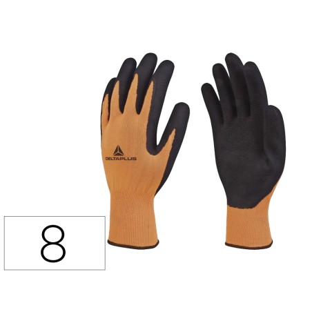 Guantes deltaplus poliester impregando latex palma y dedos naranja fluor/negro talla 8
