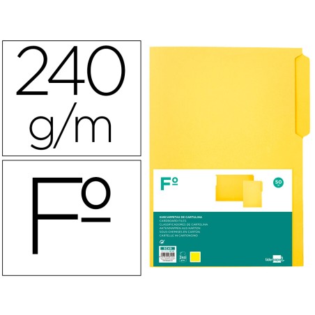50 Unidades - Subcarpeta cartulina liderpapel folio pestaña izquierda 240g/m2 amarillo