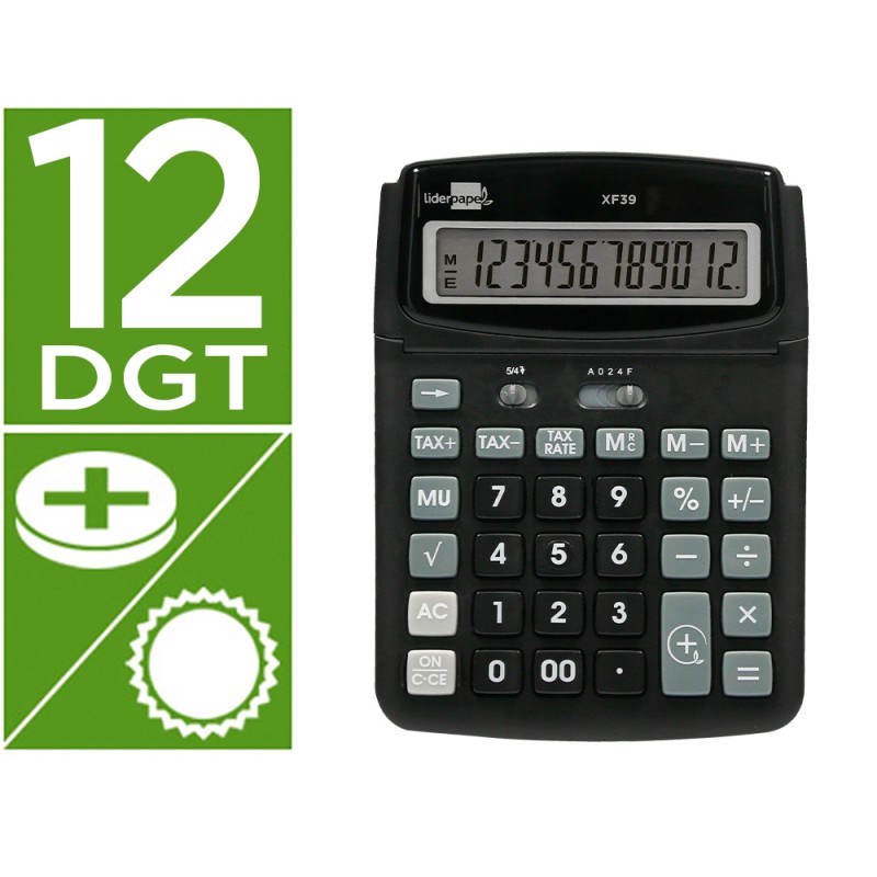 Calculadora liderpapel sobremesa xf39 12 digitos solar y pilas color negro 190x140x32 mm 40% reciclada Calculadora liderpapel sobremesa xf39 12 digitos solar y pilas color negro 190x140x32 mm 40% reciclada