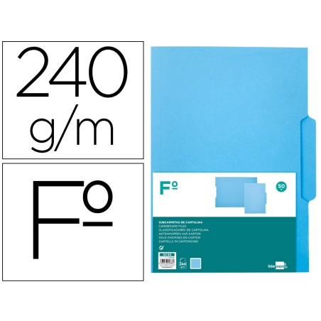 50 Unidades - Subcarpeta cartulina liderpapel folio pestaña central 240g/m2 azul