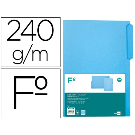 50 Unidades - Subcarpeta cartulina liderpapel folio pestaña izquierda 240g/m2 azul