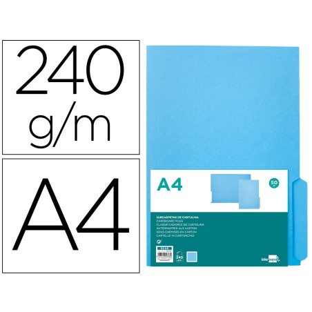 50 Unidades - Subcarpeta cartulina liderpapel din a4 pestaña derecha 240g/m2 azul