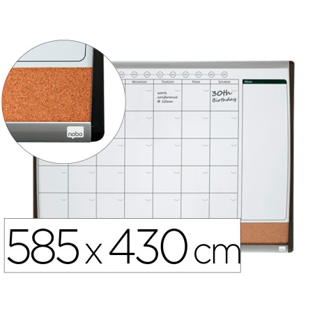 Planificador mensual nobo magnetico + tablero corcho horizontal con marco arqueado plata y negro 585x430 mm