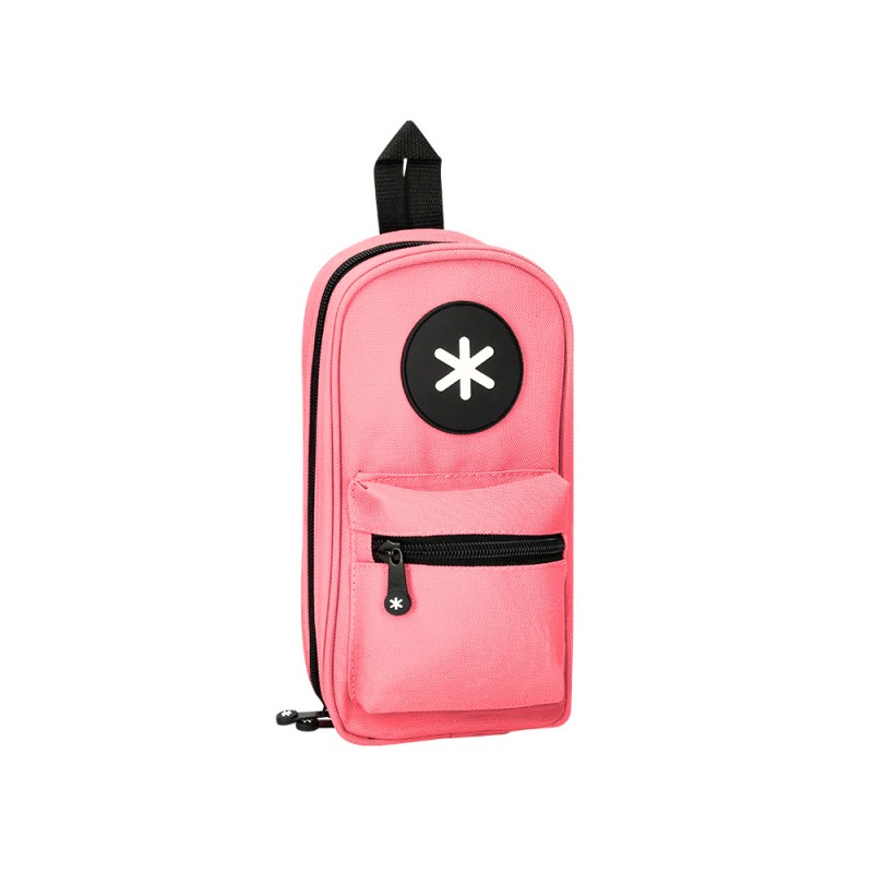 Estuche portatodo antartik forma de mochila con bolsillo y 4 departamentos color coral 230x50x120 mm