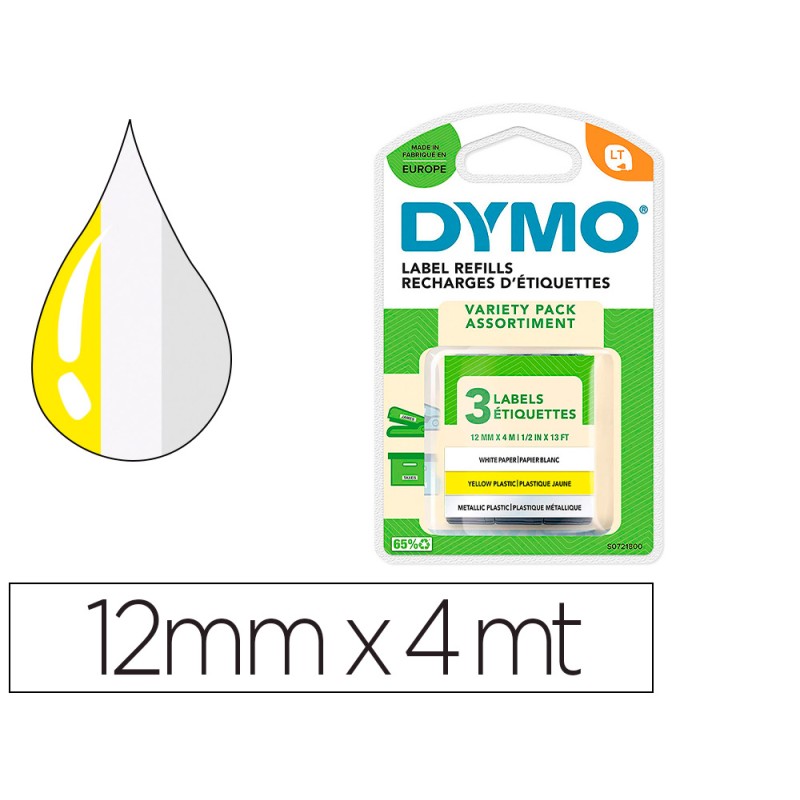Cinta dymo metalizada letratag 12mm x 4mt papel blanco / plastico amarillo / metalica plata pack de 3 Cinta dymo metalizada letratag 12mm x 4mt papel blanco / plastico amarillo / metalica plata pack de 3