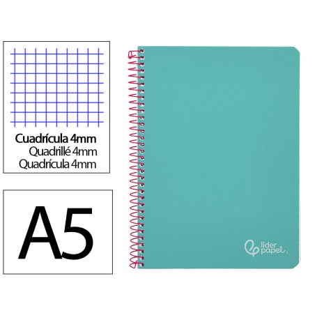Cuaderno espiral liderpapel a5 witty tapa dura 80h 90gr cuadro 4mm con margen color turquesa