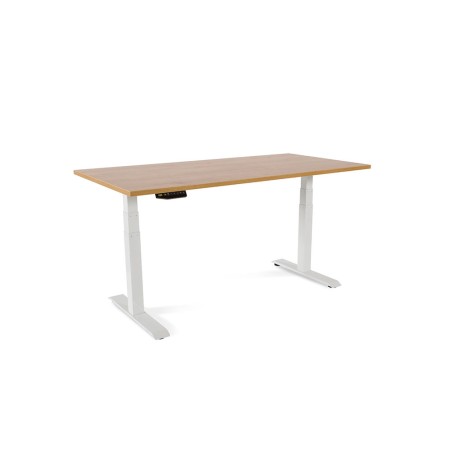 Mesa rocada regulable en altura electricamente hasta 129 cm estructura de acero tablero 160 cm color roble