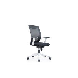Silla rocada de oficina con brazos regulables y respaldo malla negro tapizada en tela ignifuga negro color blanco