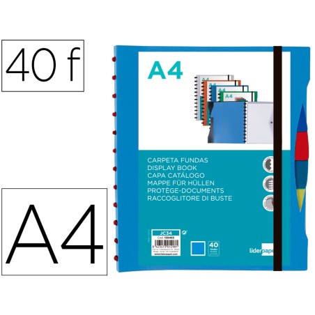 Carpeta liderpapel a4 con 40 fundas intercambiables 5 sep sobre y gomilla portada y lomo personalizable azul