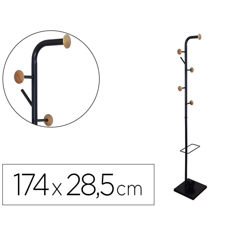 Perchero metalico q-connect negro con detalles de madera 6 colgadores y paraguero 174x28,5 cm Perchero metalico q-connect negro con detalles de madera 6 colgadores y paraguero 174x28,5 cm