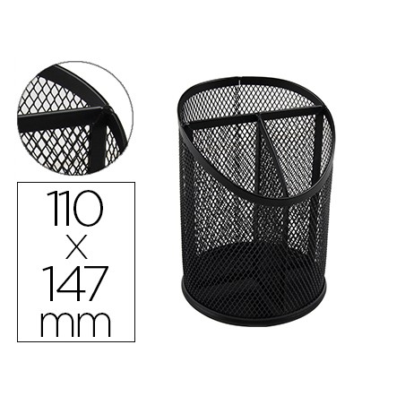 Cubilete portalapices q-connect negro metal redondo rejilla con 3 compartimentos diametro 110 mm alto 147 mm