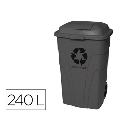 Papelera contenedor q-connect plastico con tapadera 240l color gris 1040x610x610 mm con ruedas