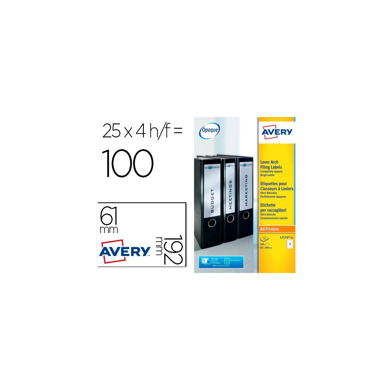Etiqueta adhesiva avery permanente blanca 61x192 mm para lomo archivador laser caja de 100 unidades Etiqueta adhesiva avery permanente blanca 61x192 mm para lomo archivador laser caja de 100 unidades
