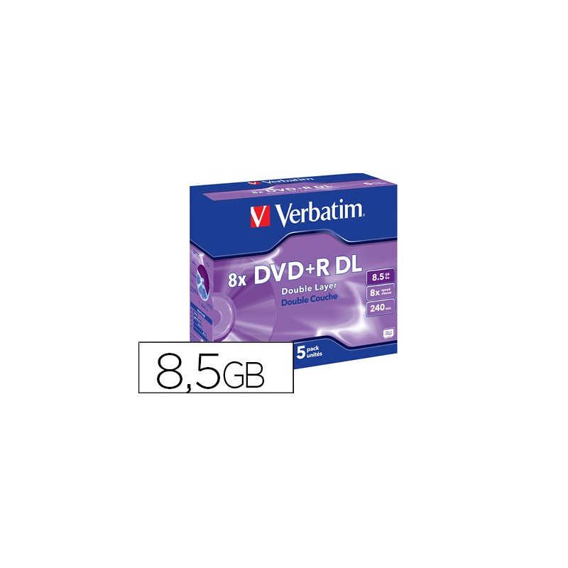 Dvd+r verbatim doble capa capacidad 8.5gb velocidad 8x 240 min pack de 5 unidades