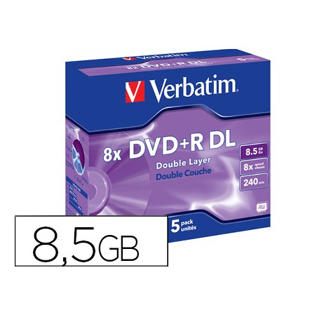 Dvd+r verbatim doble capa capacidad 8.5gb velocidad 8x 240 min pack de 5 unidades