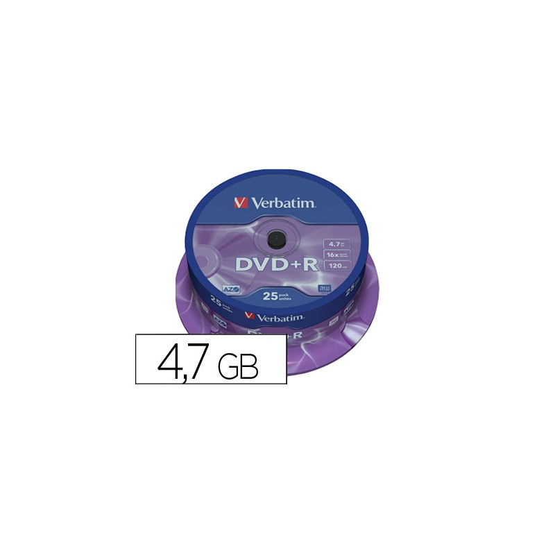 Dvd+r verbatim capacidad 4.7gb velocidad 16x 120 min tarrina de 25 unidades