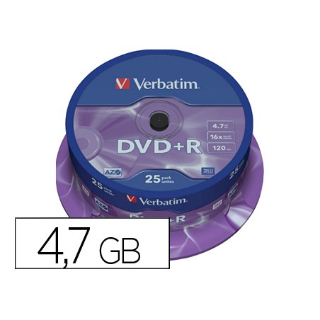 Dvd+r verbatim capacidad 4.7gb velocidad 16x 120 min tarrina de 25 unidades