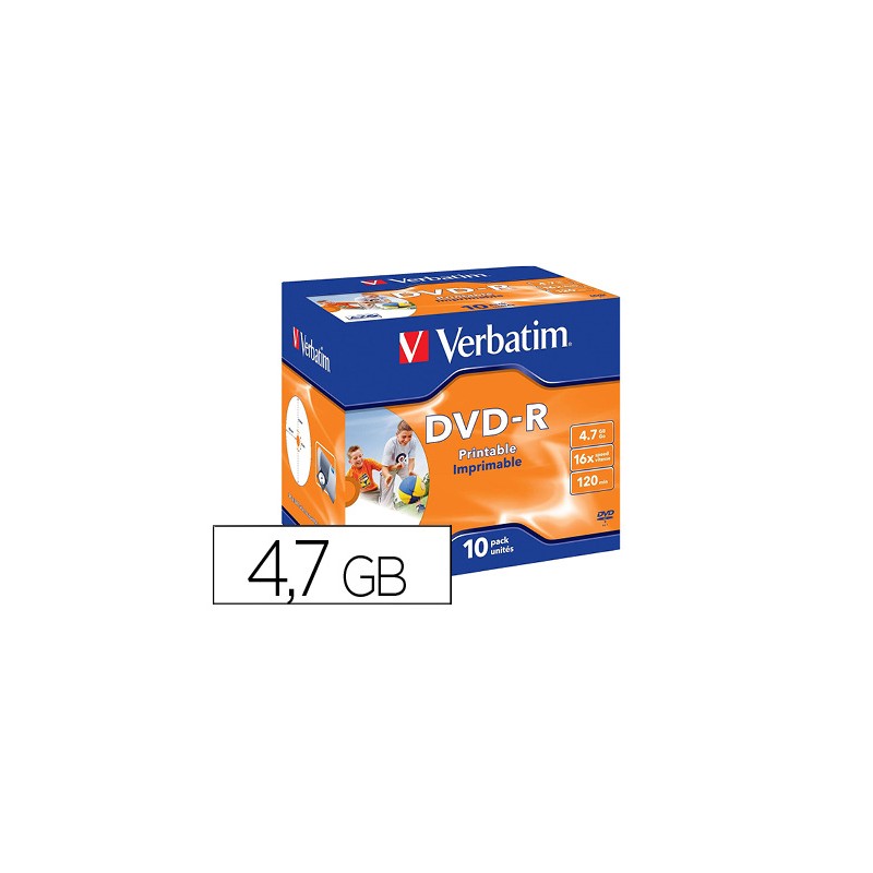 Dvd-r verbatim imprimible capacidad 4.7gb velocidad 16x 120 min pack de 10 unidades