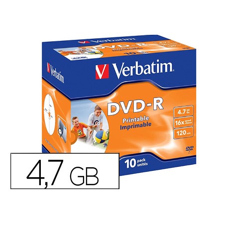 Dvd-r verbatim imprimible capacidad 4.7gb velocidad 16x 120 min pack de 10 unidades