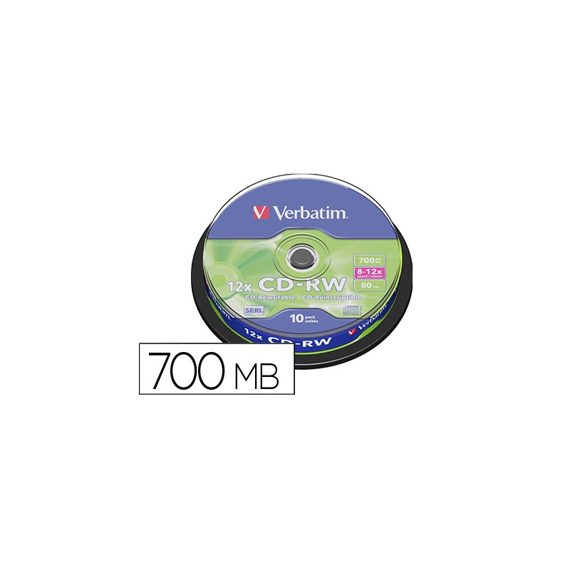 Cd-rw verbatim serl capacidad 700mb velocidad 12x 80 min tarrina de 10 unidades