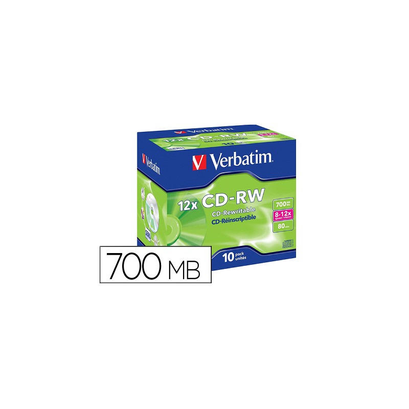 Cd-rw verbatim serl capacidad 700mb velocidad 12x 80 min pack de 10 unidades