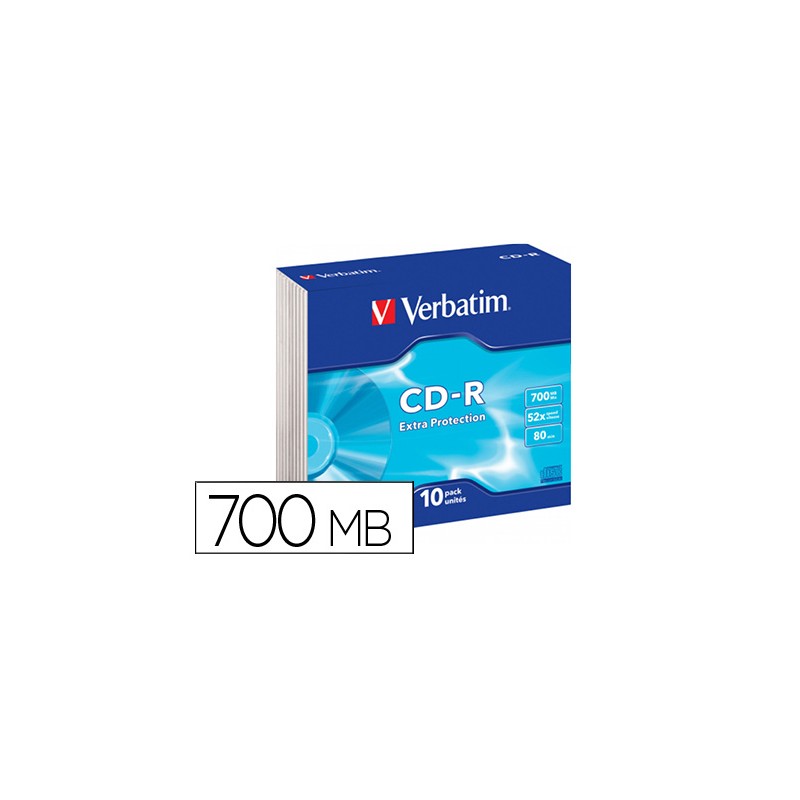 Cd-rom verbatim extra proteccion capacidad 700mb velocidad 52x 80 min pack de 10 unidades caja slim