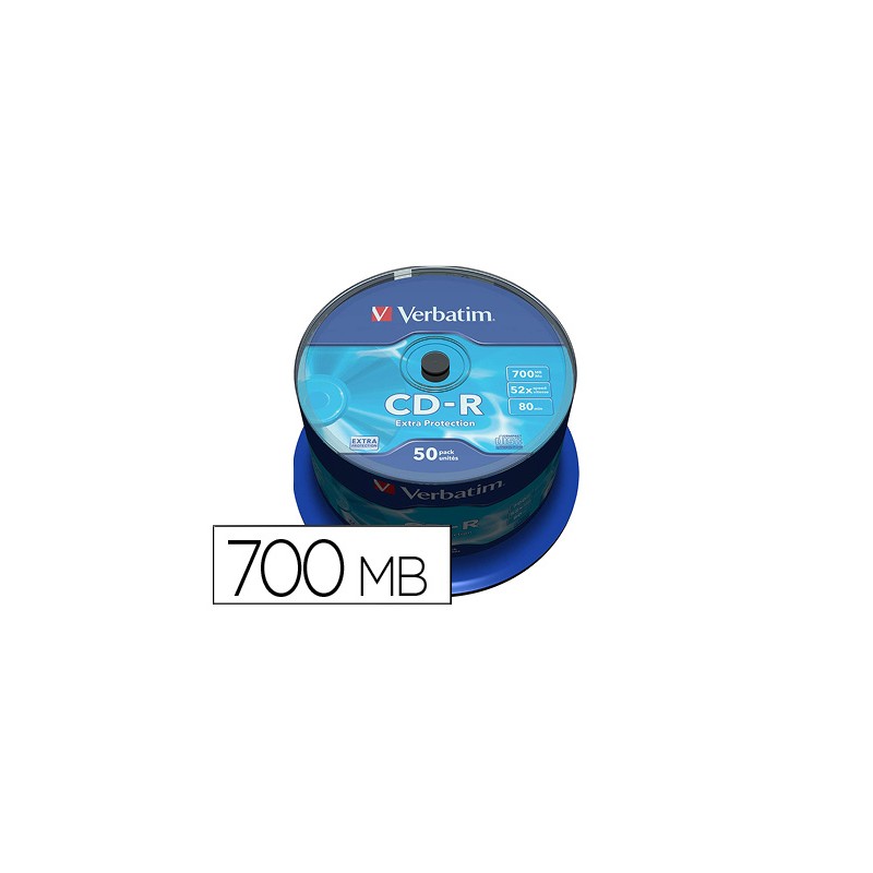 Cd-r verbatim capacidad 700mb velocidad 52x 80 min tarrina de 50 unidades