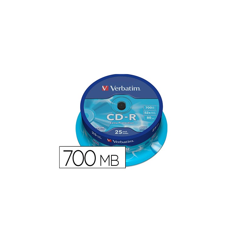 Cd-r verbatim capacidad 700mb velocidad 52x 80 min tarrina de 25 unidades