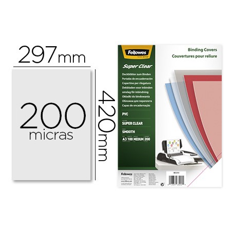Tapa de encuadernacion fellowes din a3 pvc transparente cristal 200 micras pack de 100 unidades