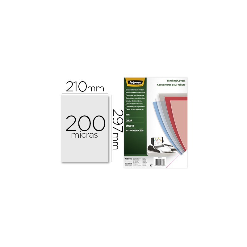 Tapa de encuadernacion fellowes din a4 pvc transparente cristal 200 micras pack de 100 unidades Tapa de encuadernacion fellowes din a4 pvc transparente cristal 200 micras pack de 100 unidades