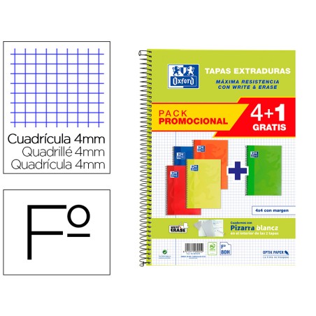 Cuaderno espiral oxford tapa extradura folio 80 hojas cuadro 4 mm con pizarra blancapack 4+1 colores clasicos