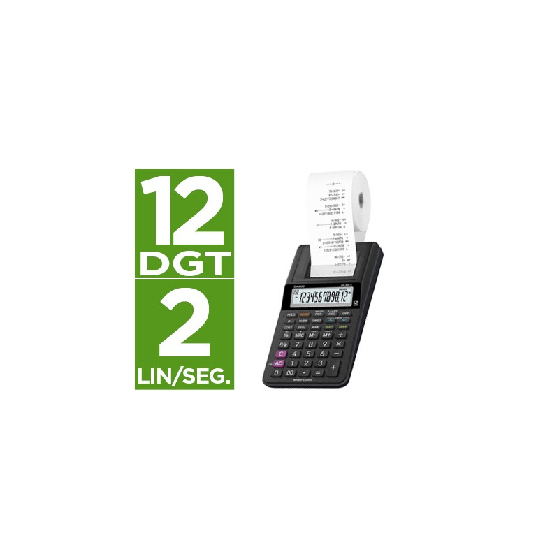 Calculadora casio impresora pantalla lc papel 58mm hr-8rce12 digitos ac/dc pilas color negro