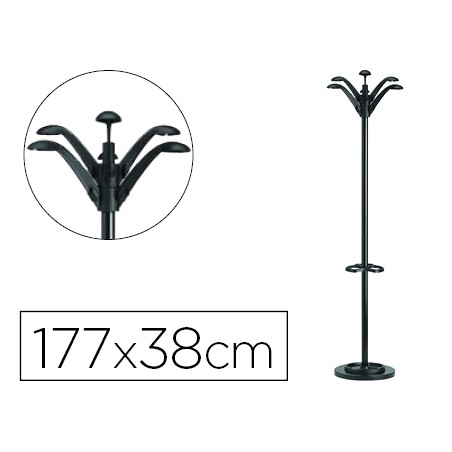 Perchero metalico unilux flora pie 6 colgadores con paraguero y bandeja goteo negro 177x38 cm