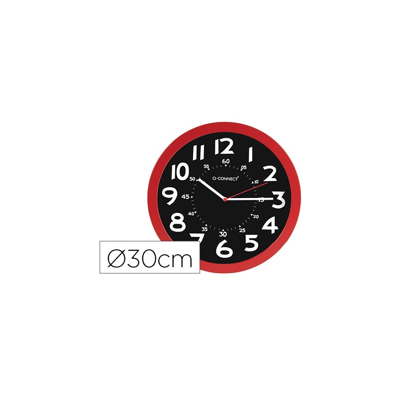 Reloj q-connect de pared plastico oficina redondo 30 cm color rojo y esfera color negro