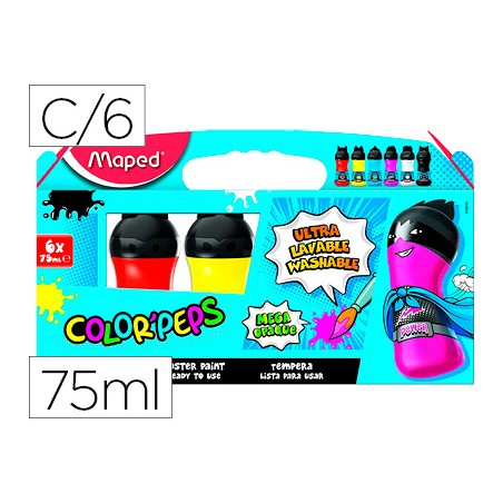 Tempera maped color peps ultra lavable caja de 6 colores surtidos primarios 75 ml