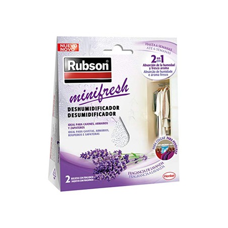 Deshumidificador rubson mini fresh lavanda accion 2 en 1 pack 2 bolsitas de 50 gr