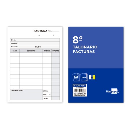 Talonario liderpapel facturas 8º original y 2 copias t300 con i.g.i.c.