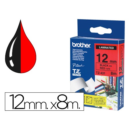 Cinta brother tze431 laminada negro-rojo 12mm x 8 m