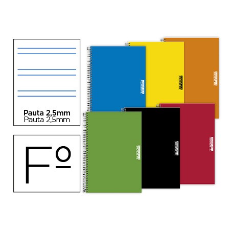 6 Unidades - Cuaderno espiral papercop folio tapa extradura 80 hojas pauta 5 2,5 mm con margen 70 gr colores surtidos