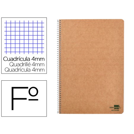 Cuaderno espiral liderpapel a4 ecouse tapa cartulina kraft 80h papel reciclado 80gr cuadro 4mm con margen