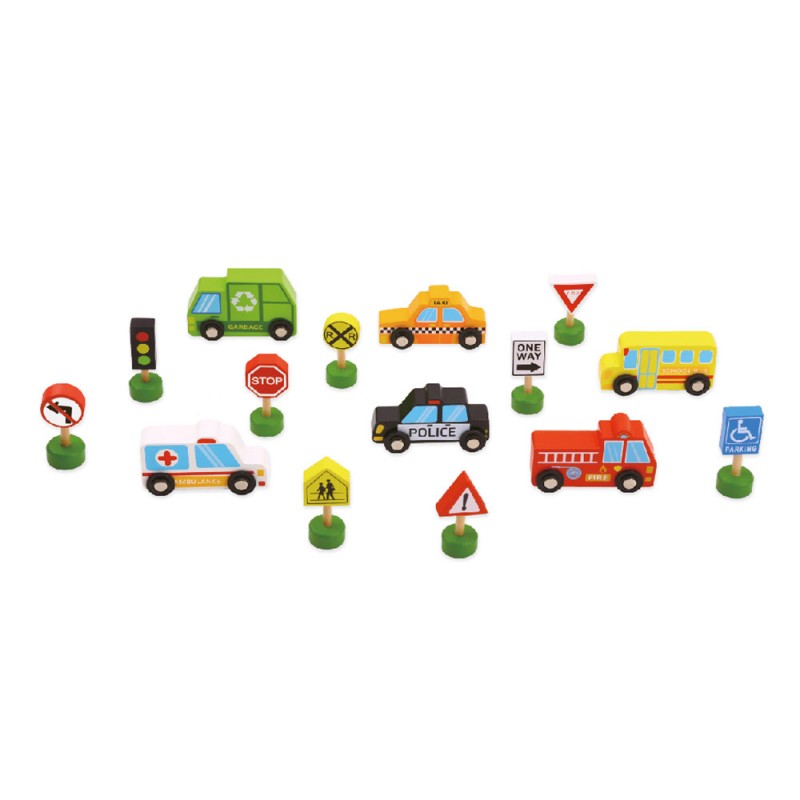 Juego infantil imaginovo madera vehiculos y señales de trafico +3 años 16 piezas 30x22x4cm Juego infantil imaginovo madera vehiculos y señales de trafico +3 años 16 piezas 30x22x4cm