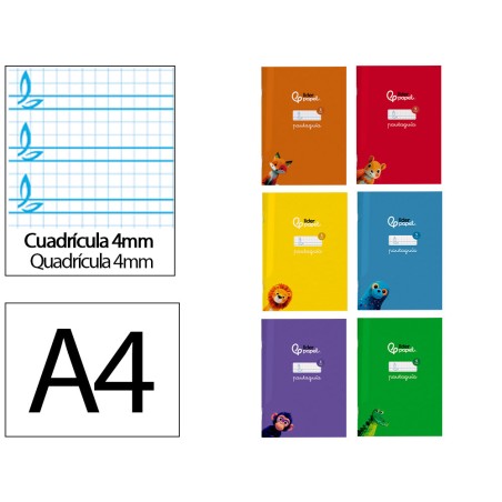 12 Unidades - Libreta liderpapel pautaguia tapa cartoncillo 32h a4 75gr cuadriculado pautado 4mm con margen 6 colores surtidos