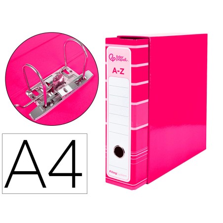 Archivador de palanca liderpap el a4 filing system forrado sin rado lomo 80mm rosa con caja y compresor metalico